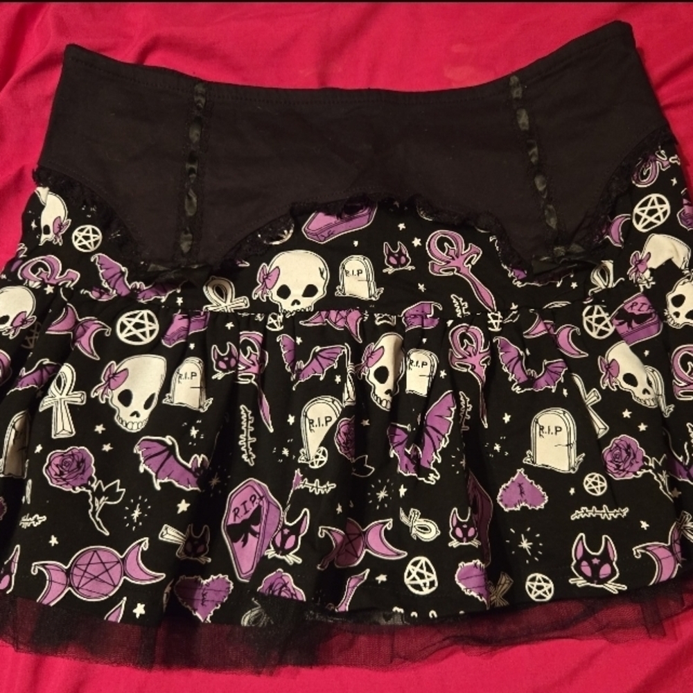 Edgy Black and Purple Skull Mini Skirt
